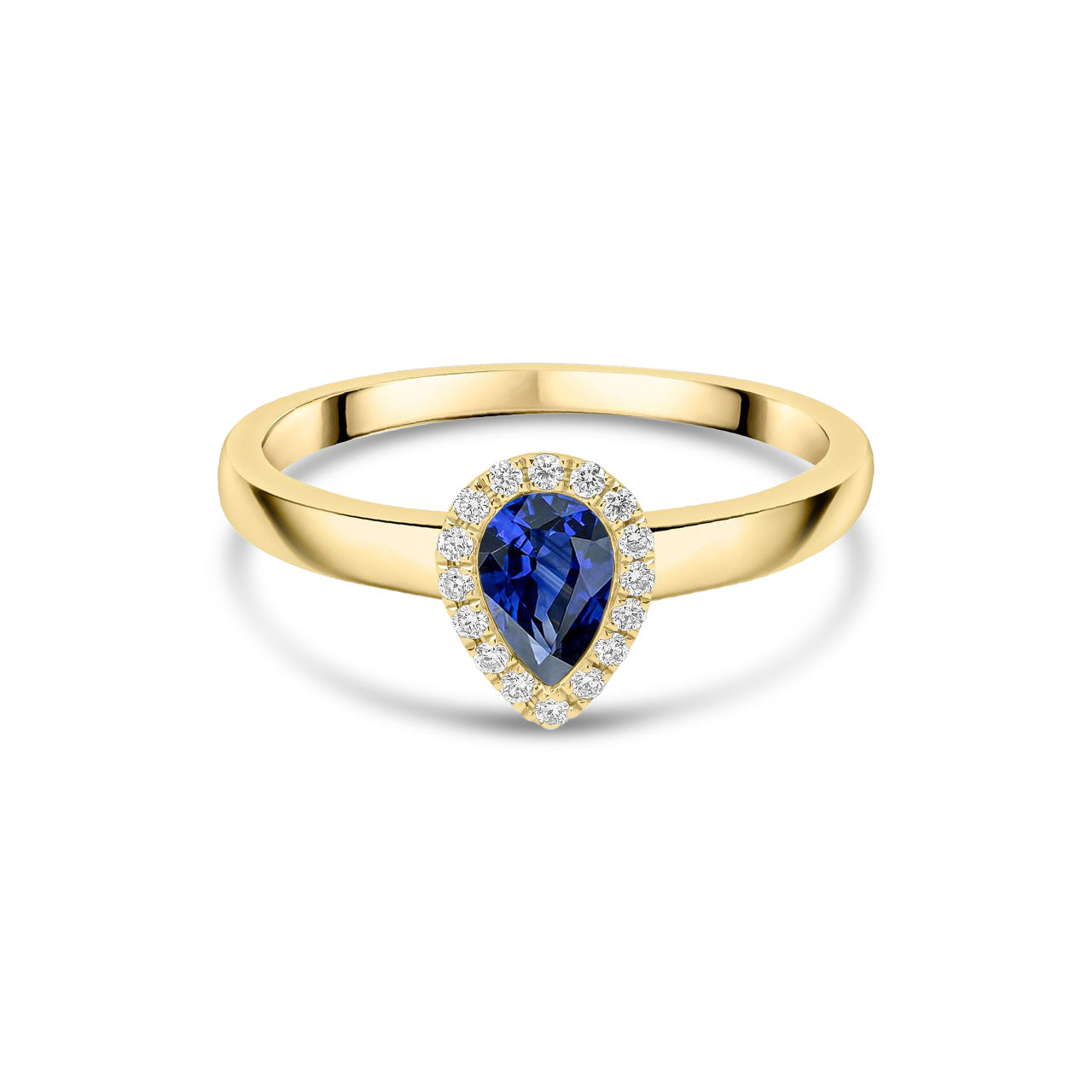 18ct Yellow Gold Pear Shaped Natural Sapphire and Diamond Halo Cluster Ring