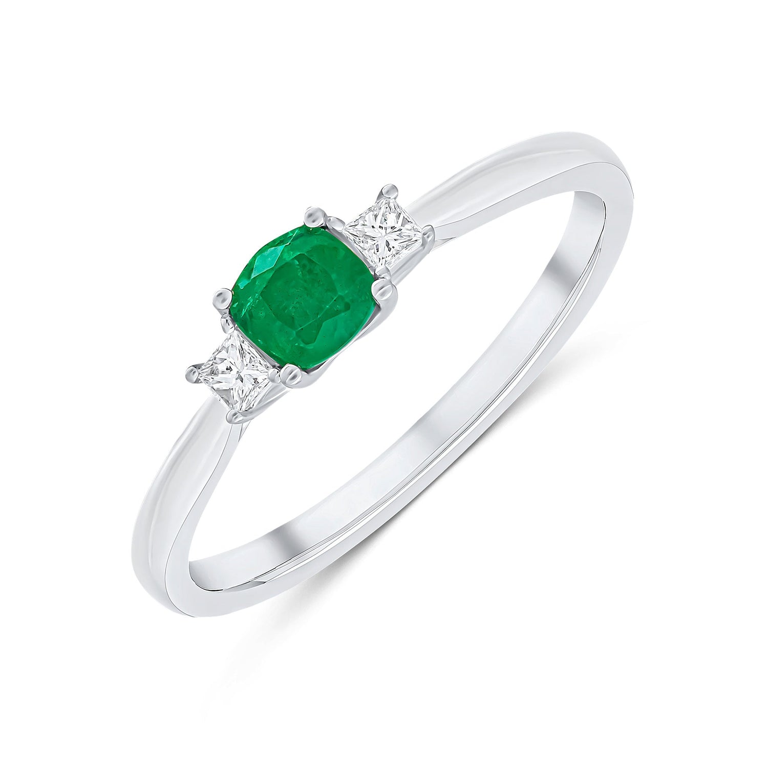 18ct White Gold Cushion Cut Emerald and Princess Cut Diamond Three Stone Ring — 4mm