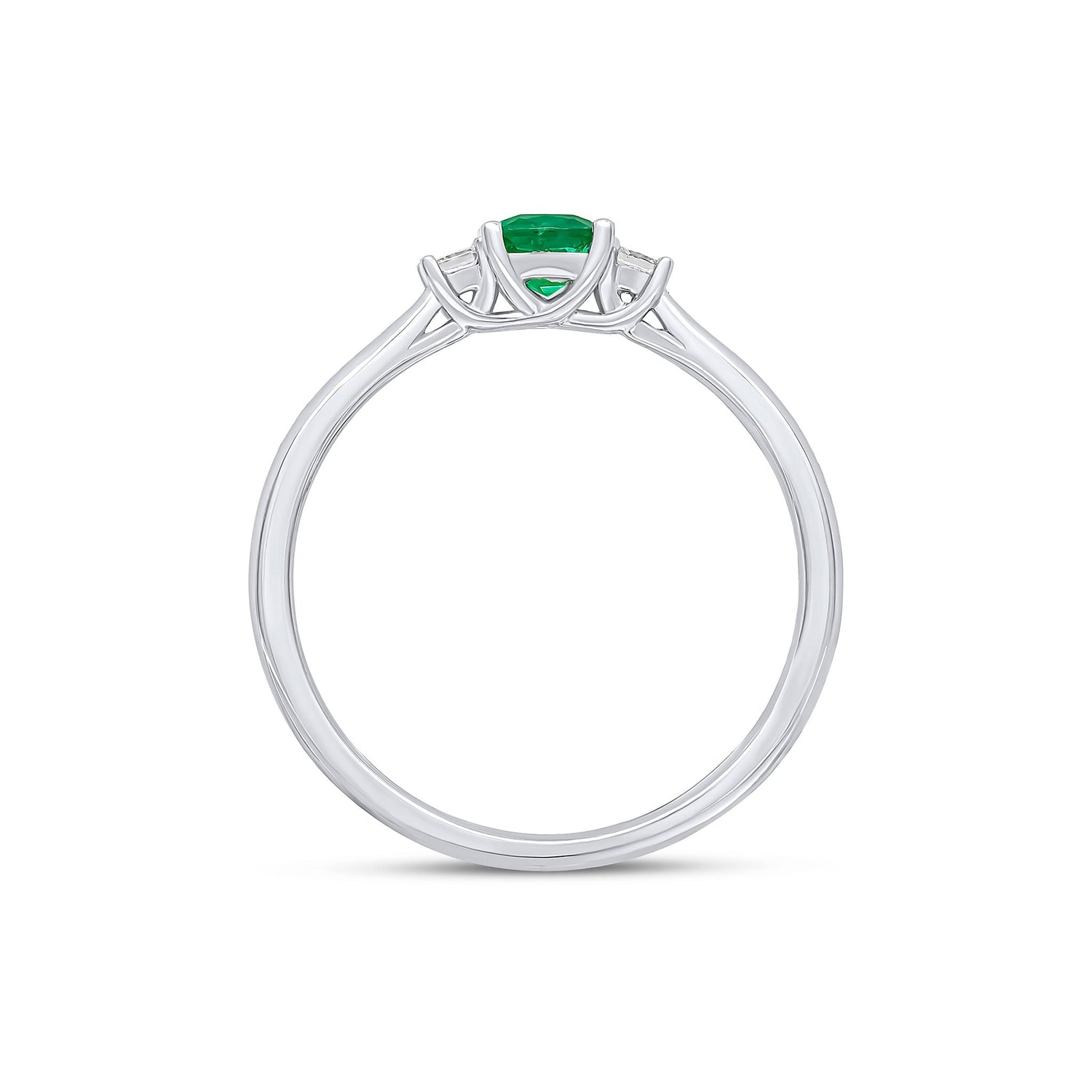 18ct White Gold Cushion Cut Emerald and Princess Cut Diamond Three Stone Ring — 4mm