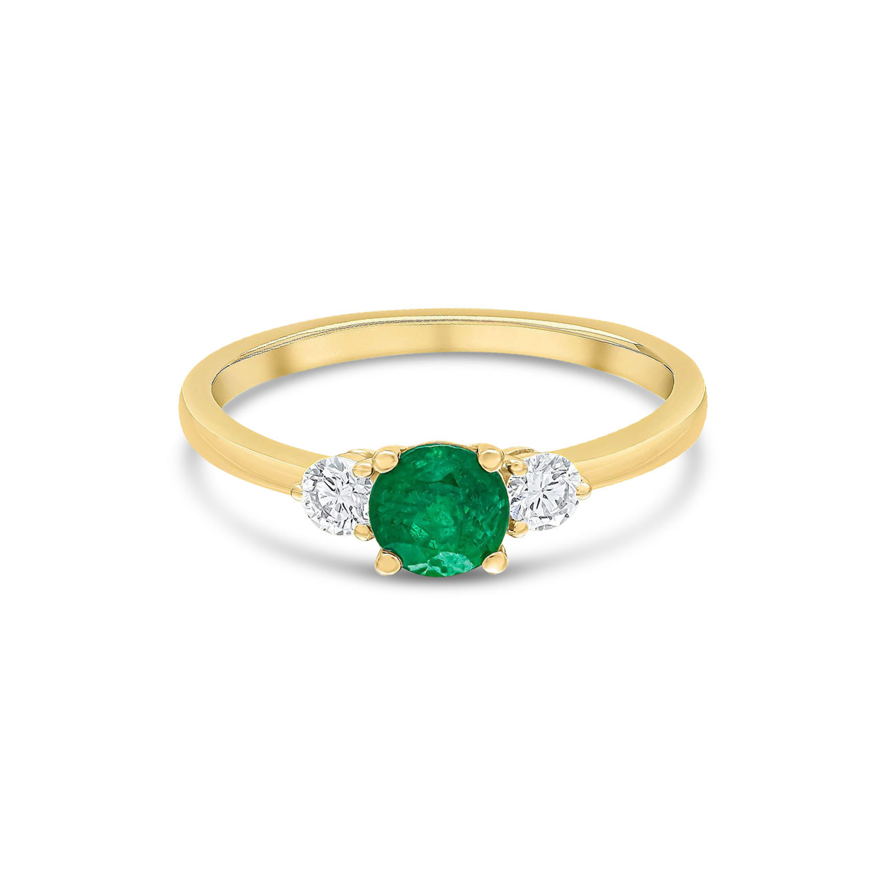 18ct Yellow Gold Round Natural Emerald and Diamond Three Stone Ring