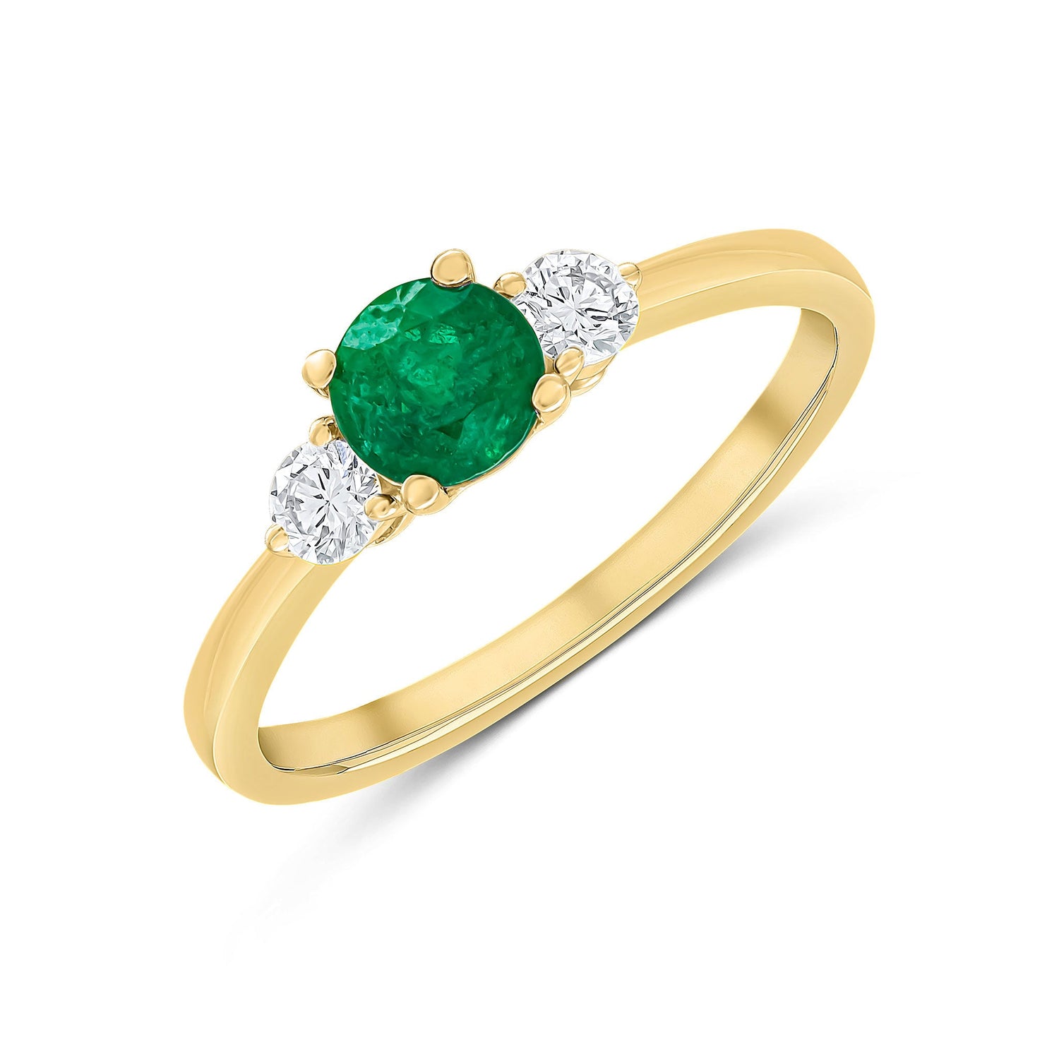 18ct Yellow Gold Round Emerald and Diamond Three Stone Ring — 5mm