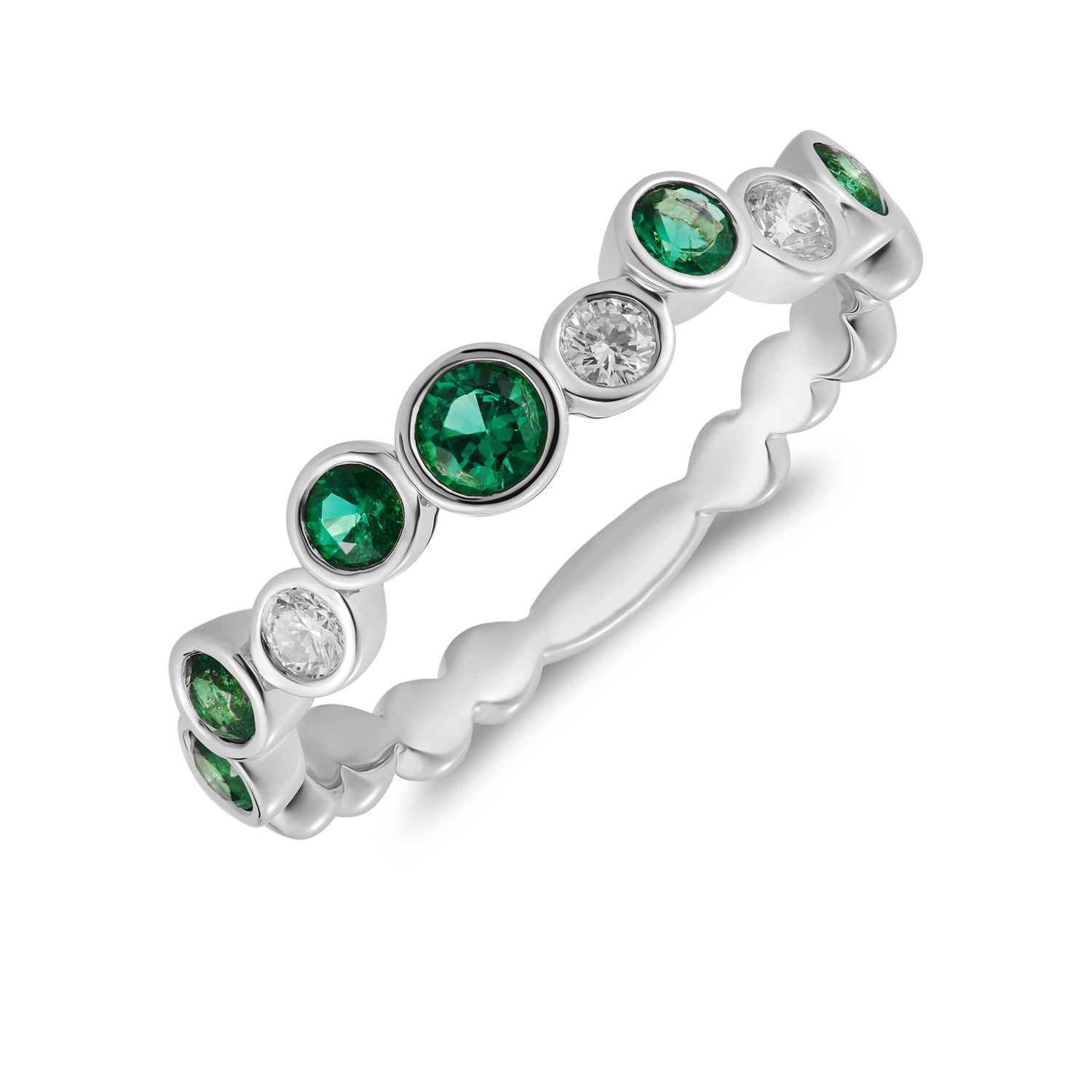 18ct White Gold Round Natural Emerald and Diamond Single Row Bubble Ring