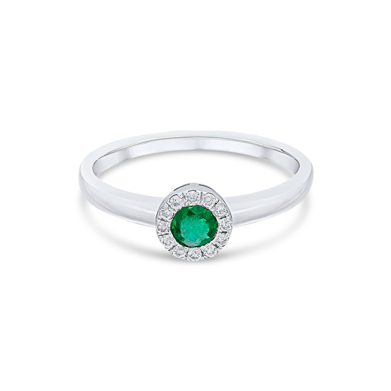18ct White Gold Round Natural Emerald and Diamond Halo Cluster Ring — 4mm