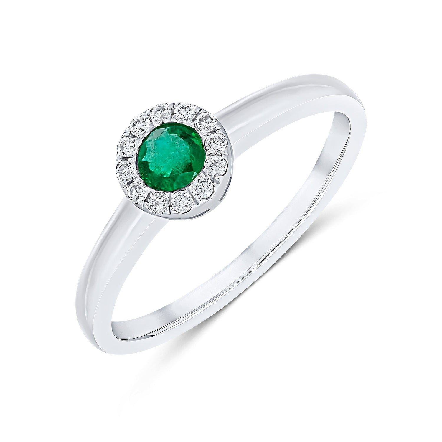 18ct White Gold Round Natural Emerald and Diamond Halo Cluster Ring — 3mm