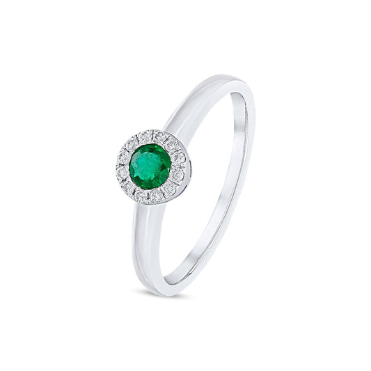 18ct White Gold Round Natural Emerald and Diamond Halo Cluster Ring — 4mm