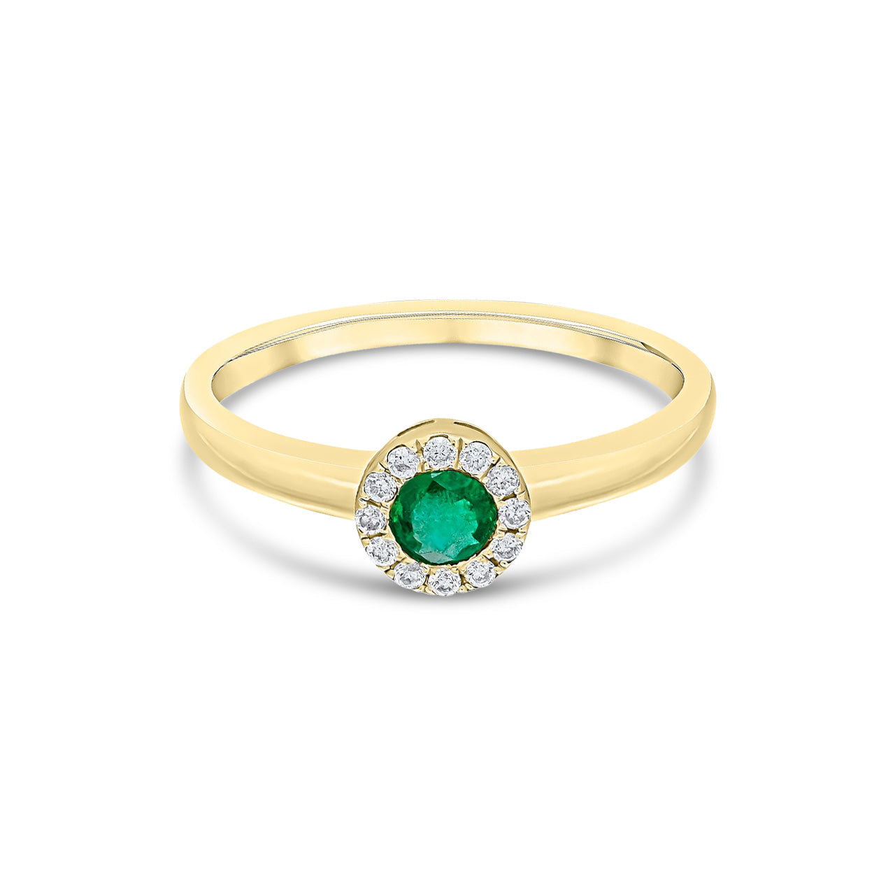 18ct Yellow Gold Round Natural Emerald and Diamond Halo Cluster Ring — 4mm