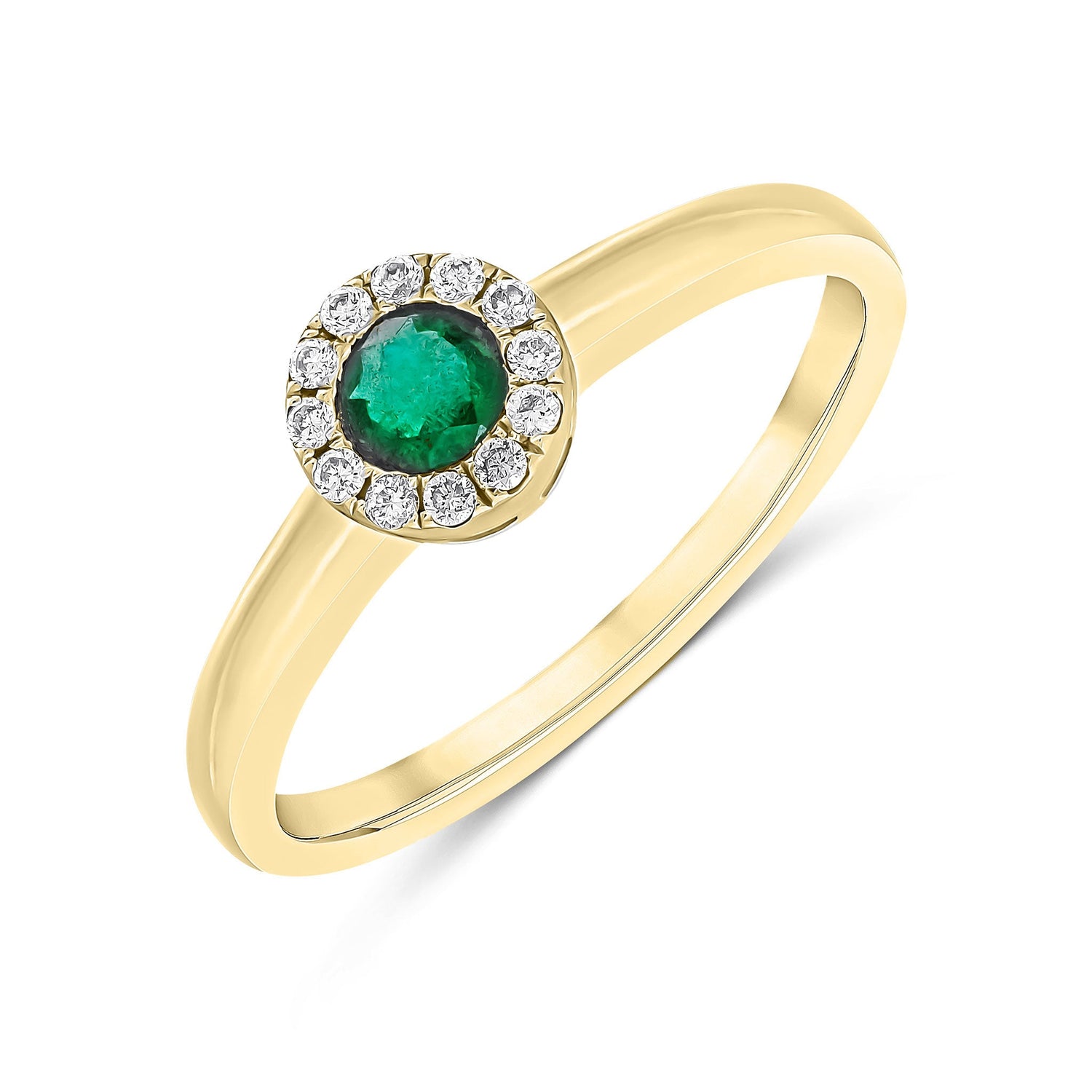 18ct Yellow Gold Round Natural Emerald and Diamond Halo Cluster Ring — 3mm