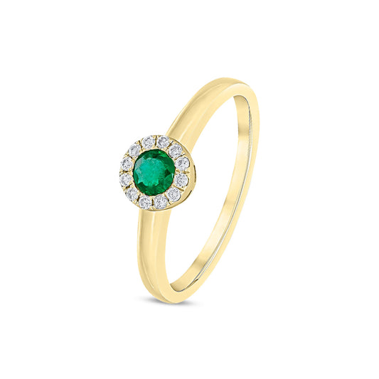 18ct Yellow Gold Round Natural Emerald and Diamond Halo Cluster Ring — 4mm
