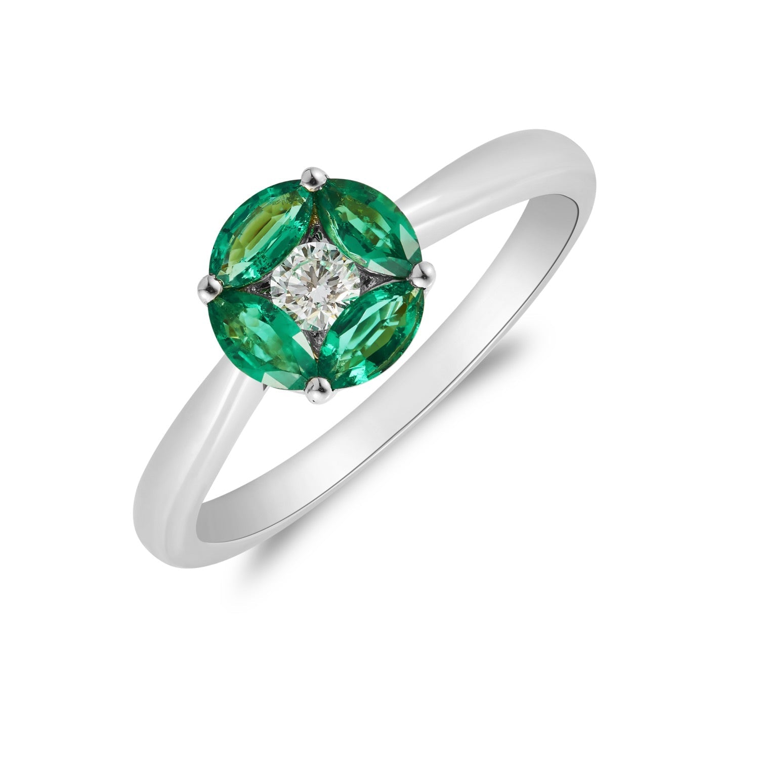 18ct White Gold Marquise Natural Emerald and Diamond Cluster Ring — 8mm