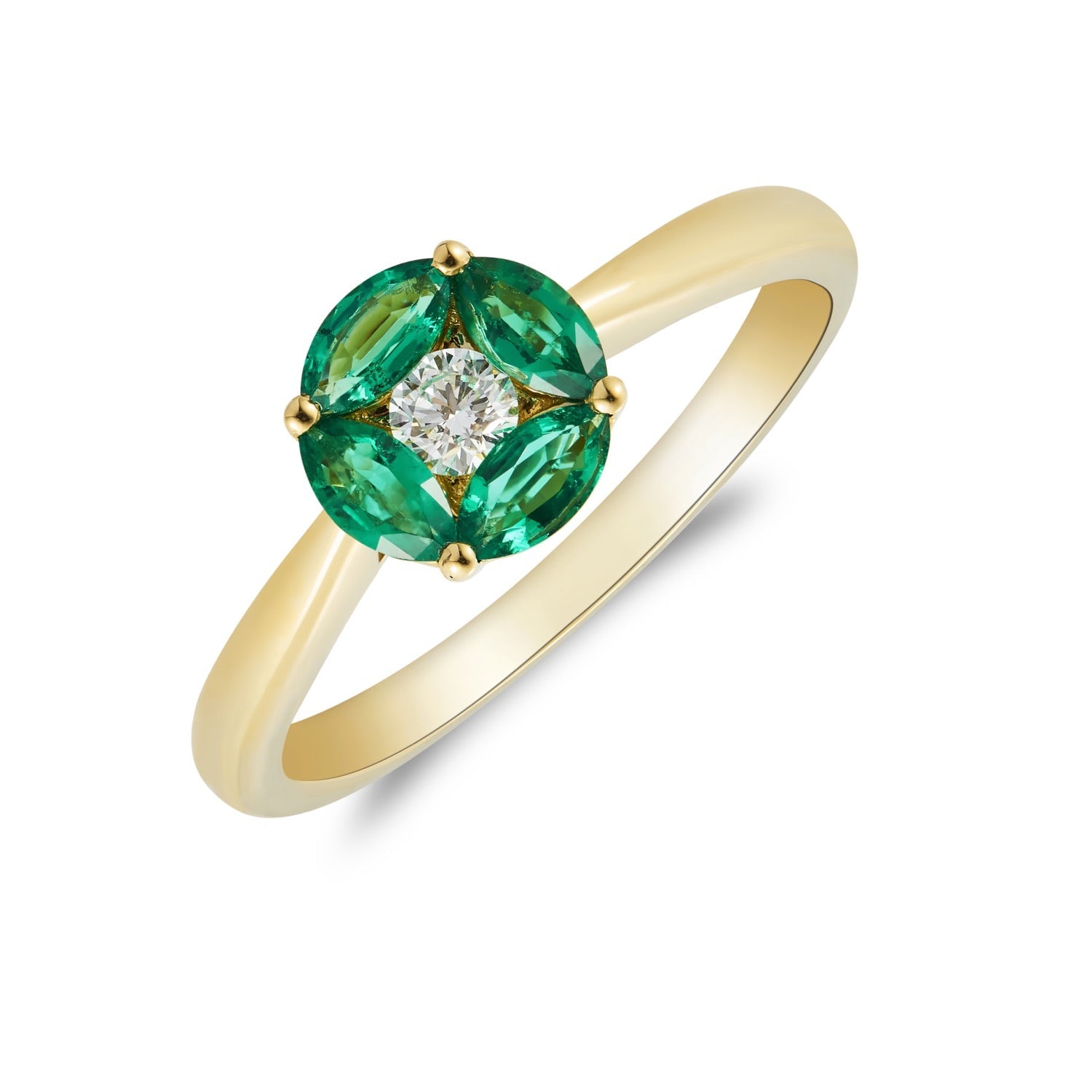 18ct Yellow Gold Marquise Natural Emerald and Diamond Cluster Ring — 8mm