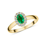 18ct Yellow Gold Oval Natural Emerald & Natural Round Diamond Claw Set Cluster Ring — 6×4mm