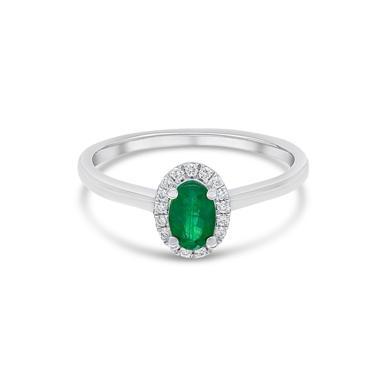 18ct White Gold Oval Natural Emerald and Round Diamond Cluster Ring — 6x4mm