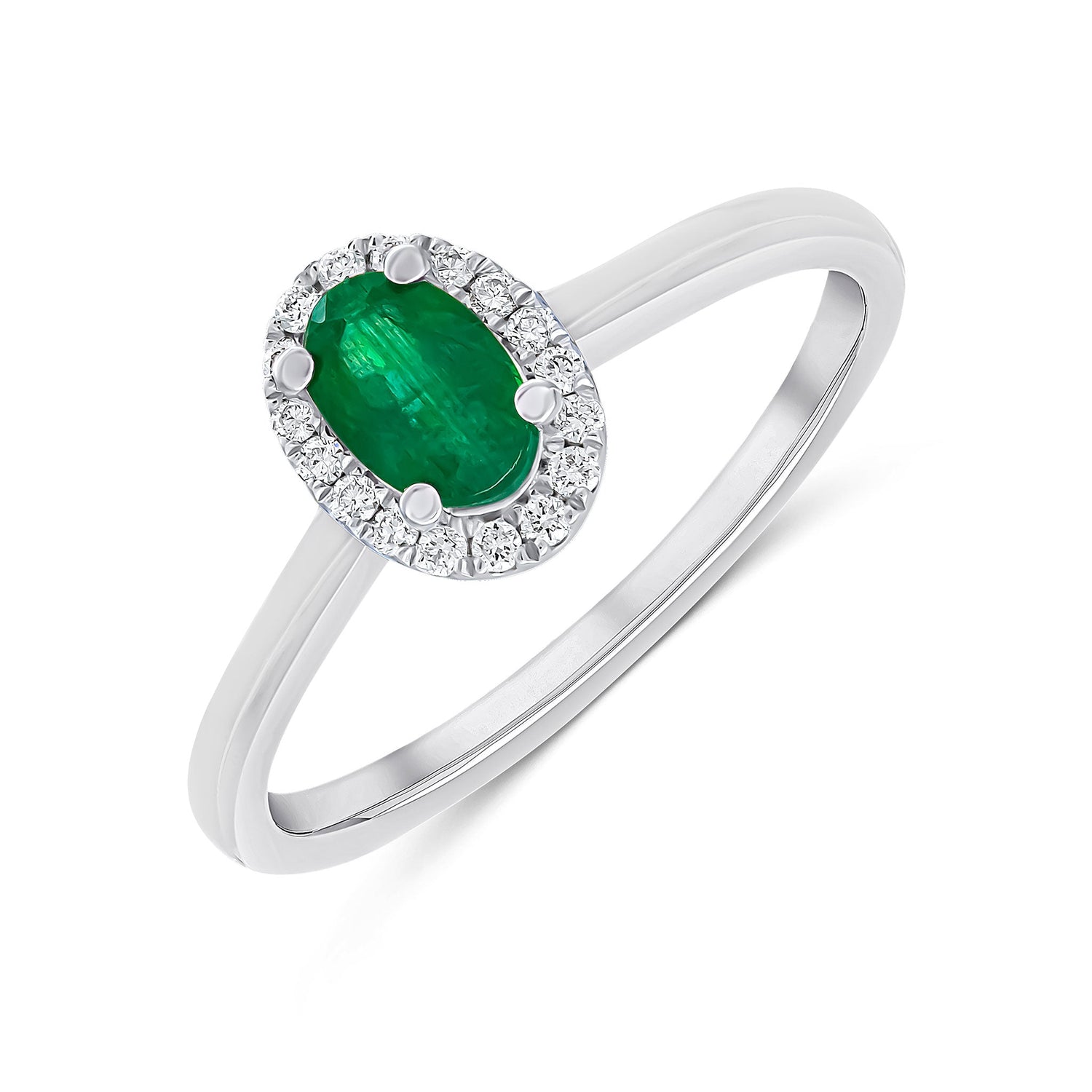 18ct White Gold Oval Natural Emerald and Round Diamond Cluster Ring — 6x4mm