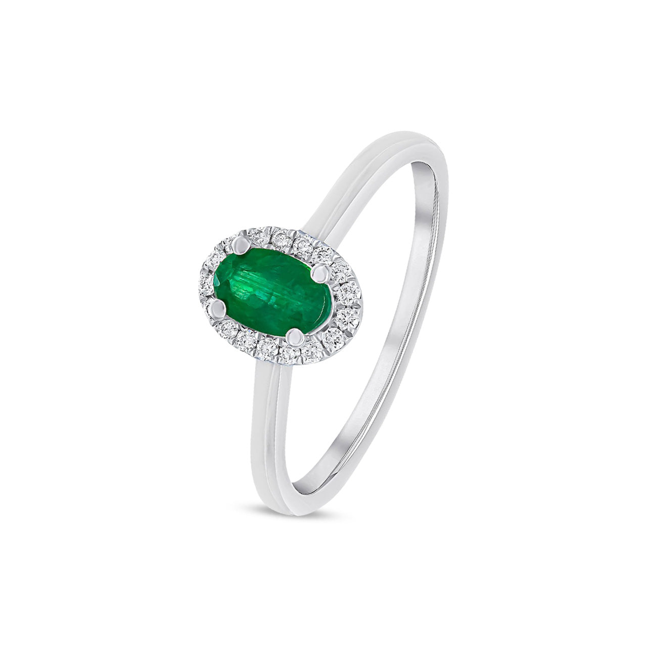 18ct White Gold Oval Natural Emerald and Round Diamond Cluster Ring — 6x4mm