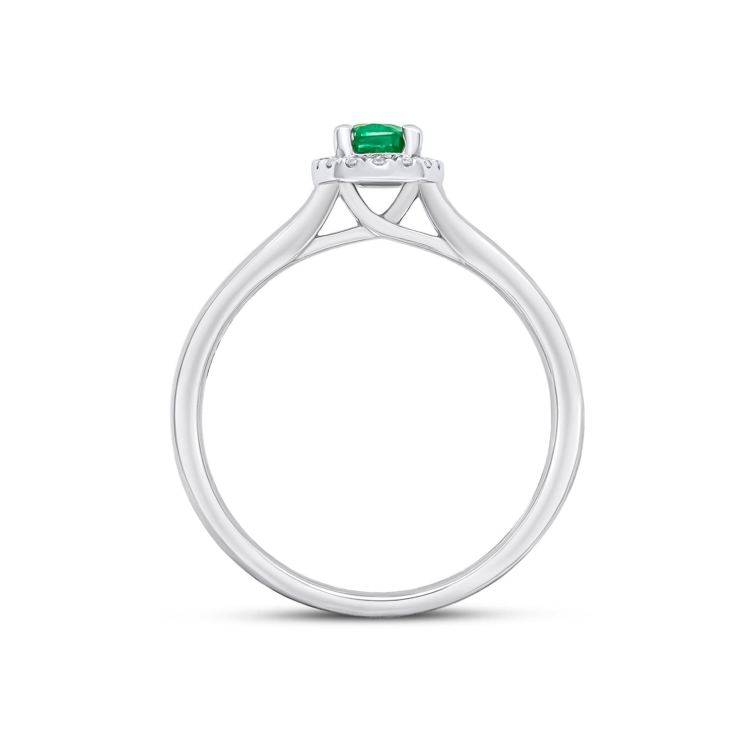 18ct White Gold Oval Natural Emerald and Round Diamond Cluster Ring — 6x4mm