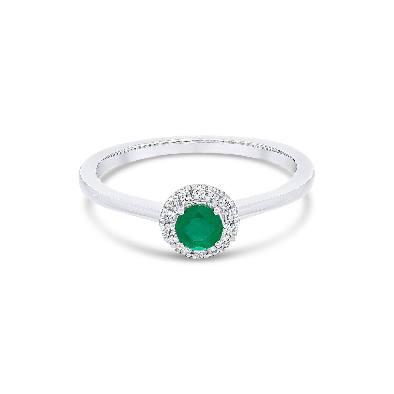 18ct White Gold Round Natural Emerald and Diamond Halo Cluster Claw Set Ring — 4mm