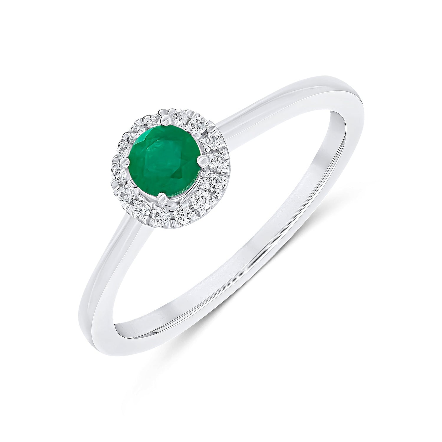 18ct White Gold Round Natural Emerald and Diamond Halo Cluster Claw Set Ring — 4mm