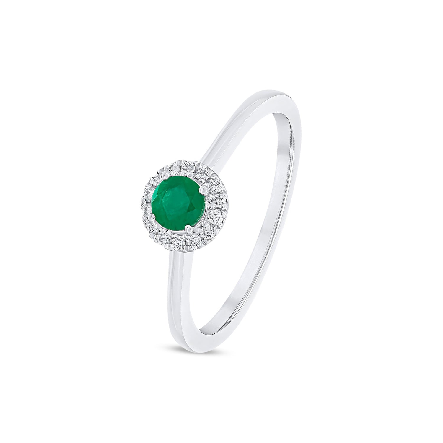 18ct White Gold Round Natural Emerald and Diamond Halo Cluster Claw Set Ring — 4mm