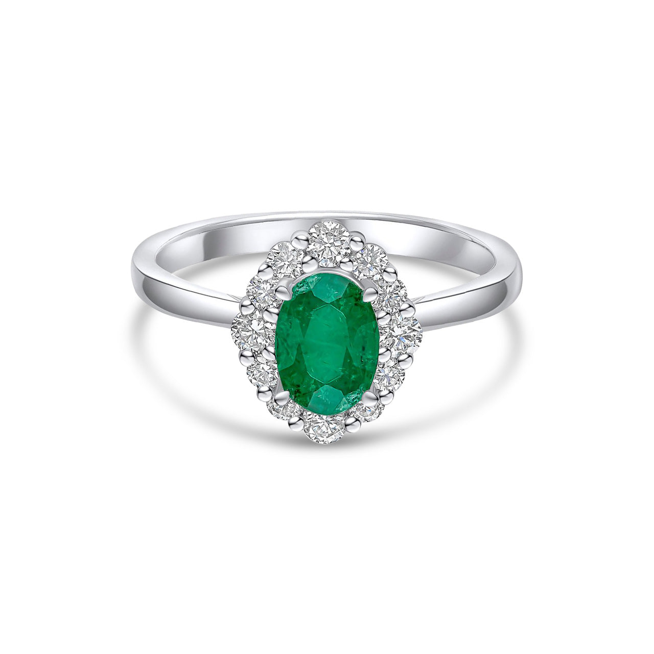 18ct White Gold Oval Natural Emerald and Round Diamond Cluster Ring — 7x5mm