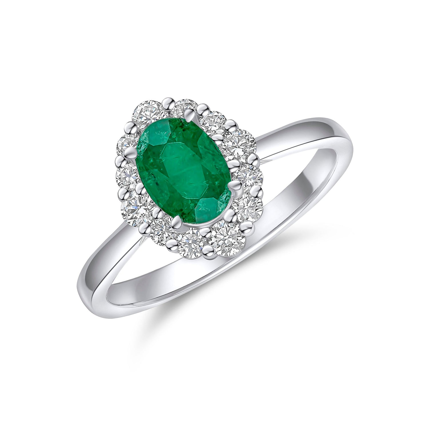 18ct White Gold Oval Natural Emerald and Round Diamond Cluster Ring — 7x5mm