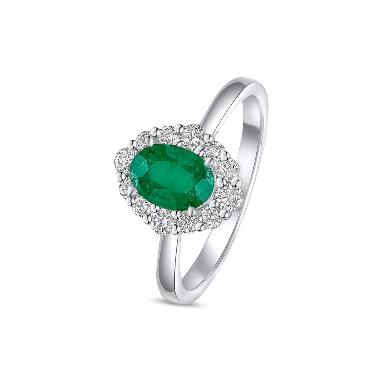 18ct White Gold Oval Natural Emerald and Round Diamond Cluster Ring — 7x5mm