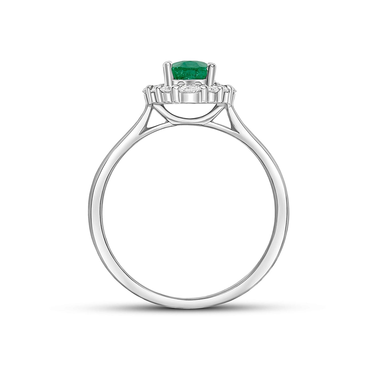 18ct White Gold Oval Natural Emerald and Round Diamond Cluster Ring — 7x5mm