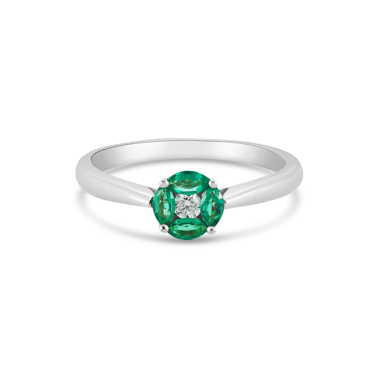 18ct White Gold Marquise Natural Emerald and Diamond Cluster Ring