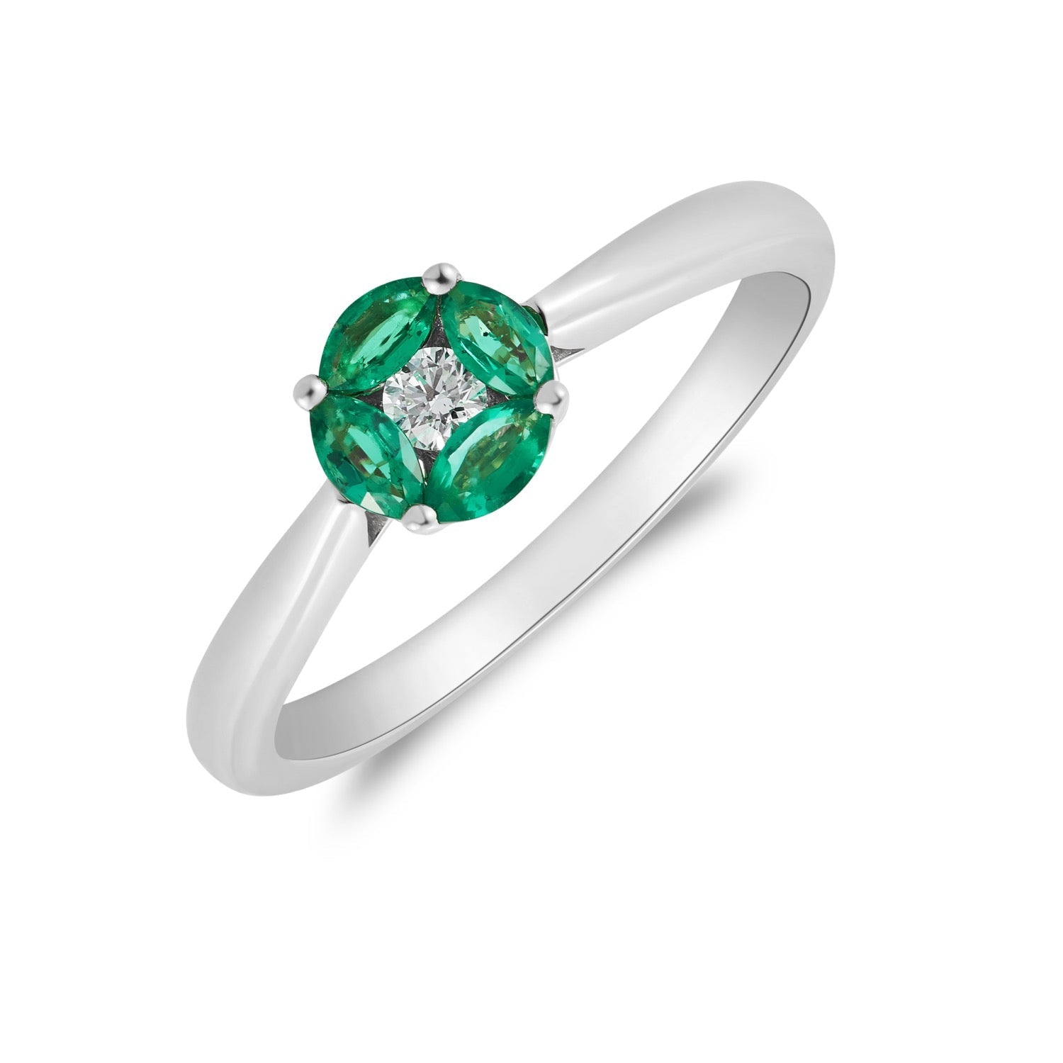 18ct White Gold Marquise Natural Emerald and Diamond Cluster Ring — 6x4mm