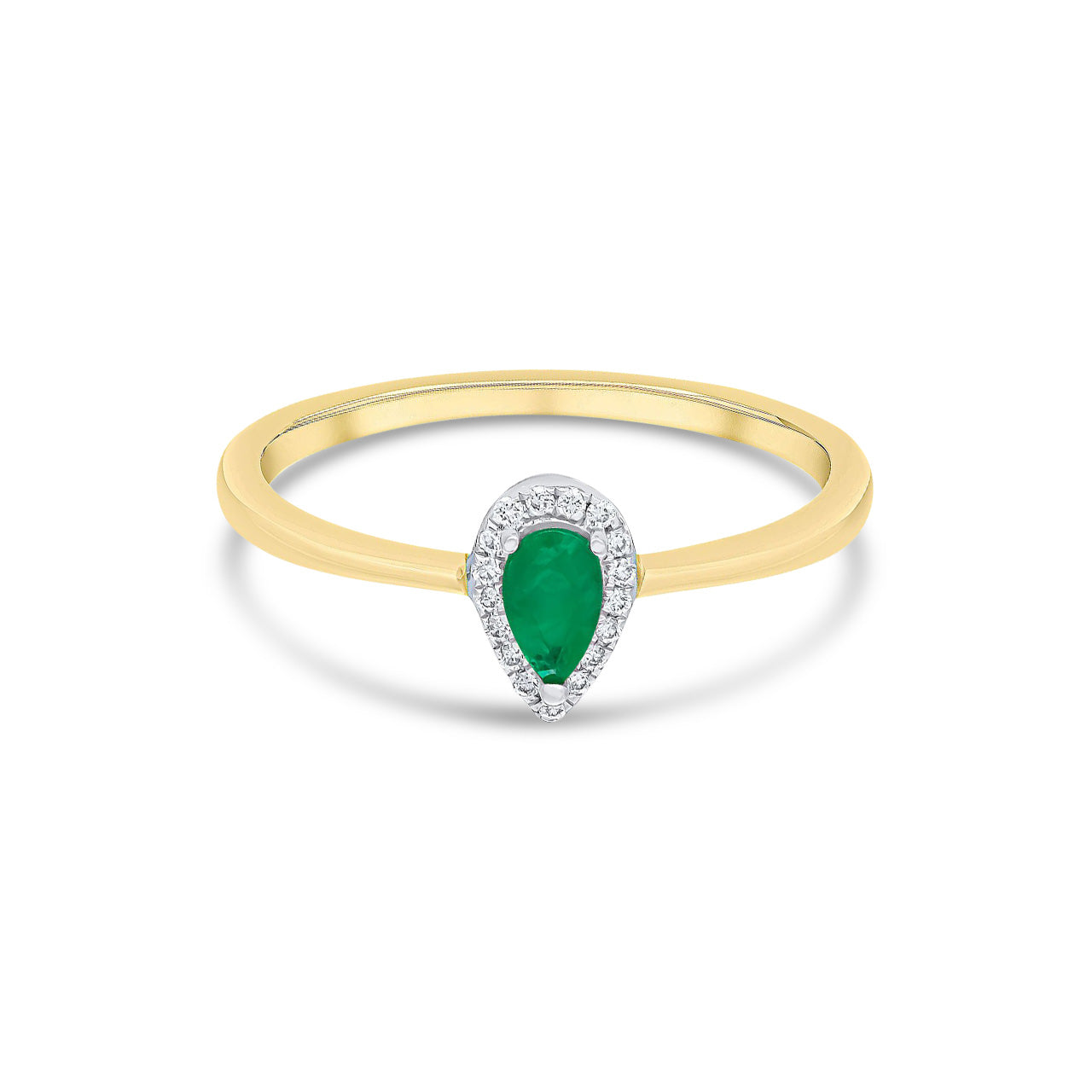 18ct Yellow and White Gold Pear Shaped Natural Emerald and Round Diamond Halo Cluster Ring — 5x3mm