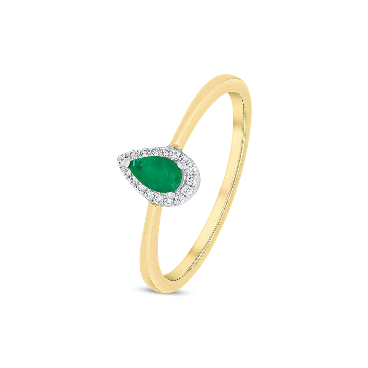 18ct Yellow and White Gold Pear Shaped Natural Emerald and Round Diamond Halo Cluster Ring — 5x3mm