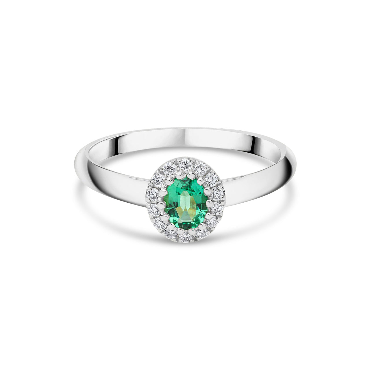 18ct White Gold Oval Natural Emerald and Round Diamond Halo Cluster Ring — 5x4mm