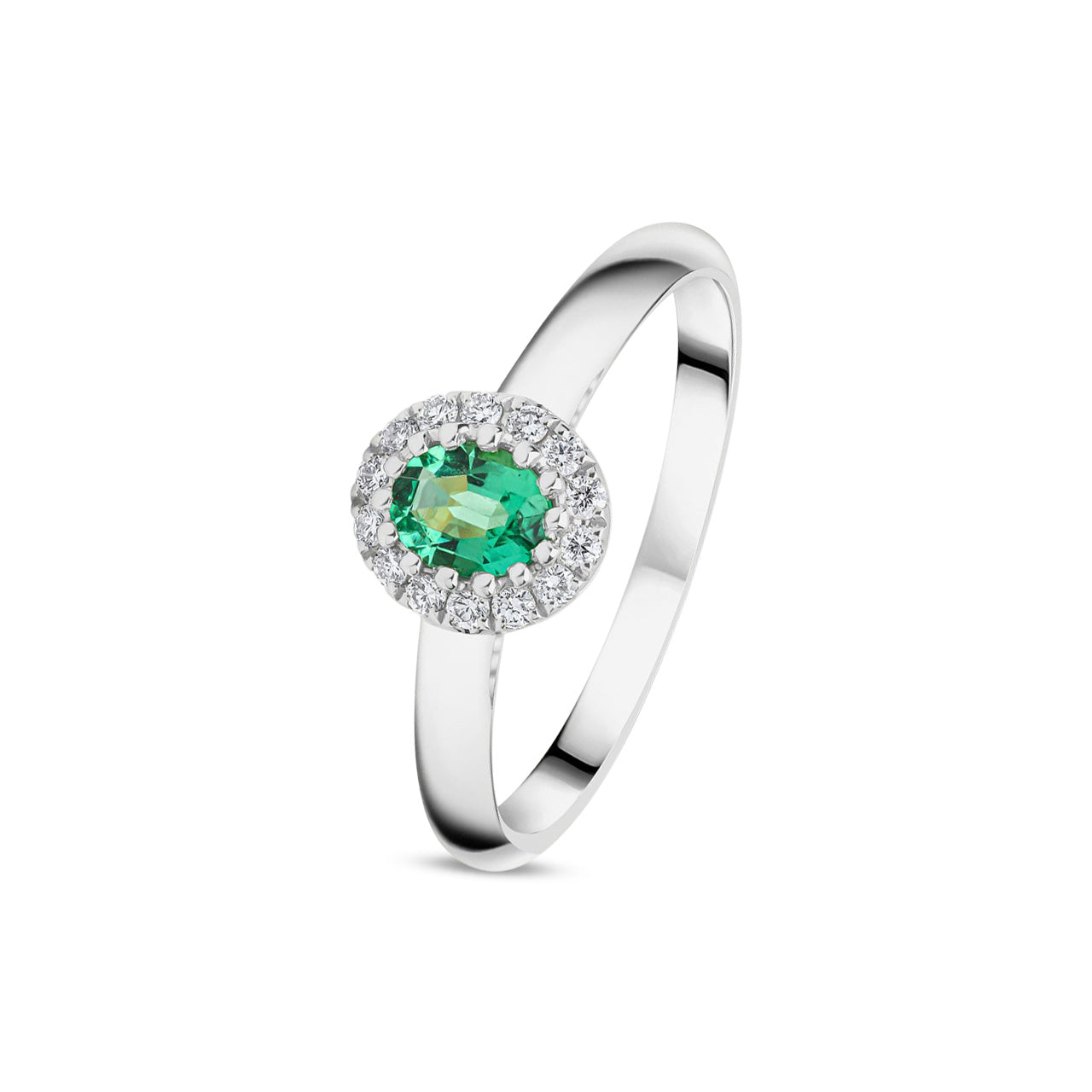 18ct White Gold Oval Natural Emerald and Round Diamond Halo Cluster Ring — 5x4mm