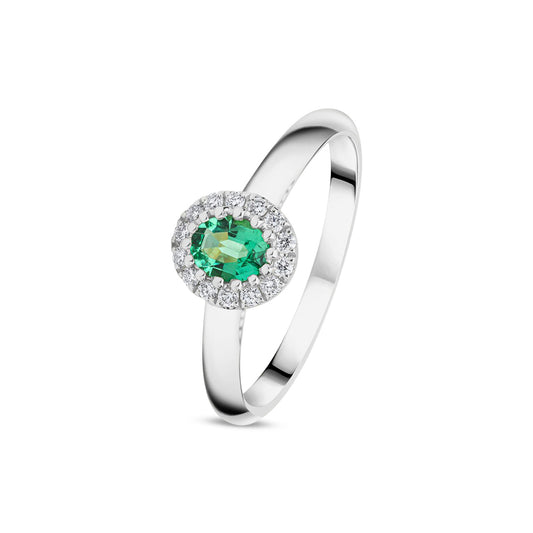 18ct White Gold Oval Natural Emerald and Round Diamond Halo Cluster Ring — 5x4mm