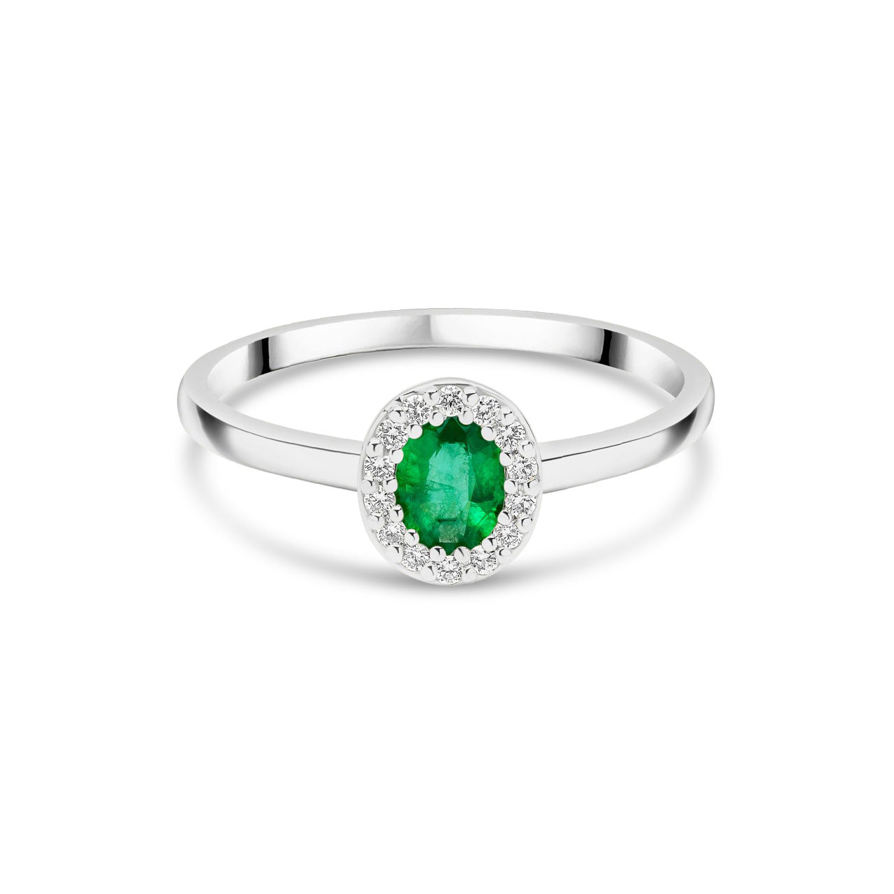 18ct White Gold Oval Natural Emerald and Diamond Halo Cluster Ring
