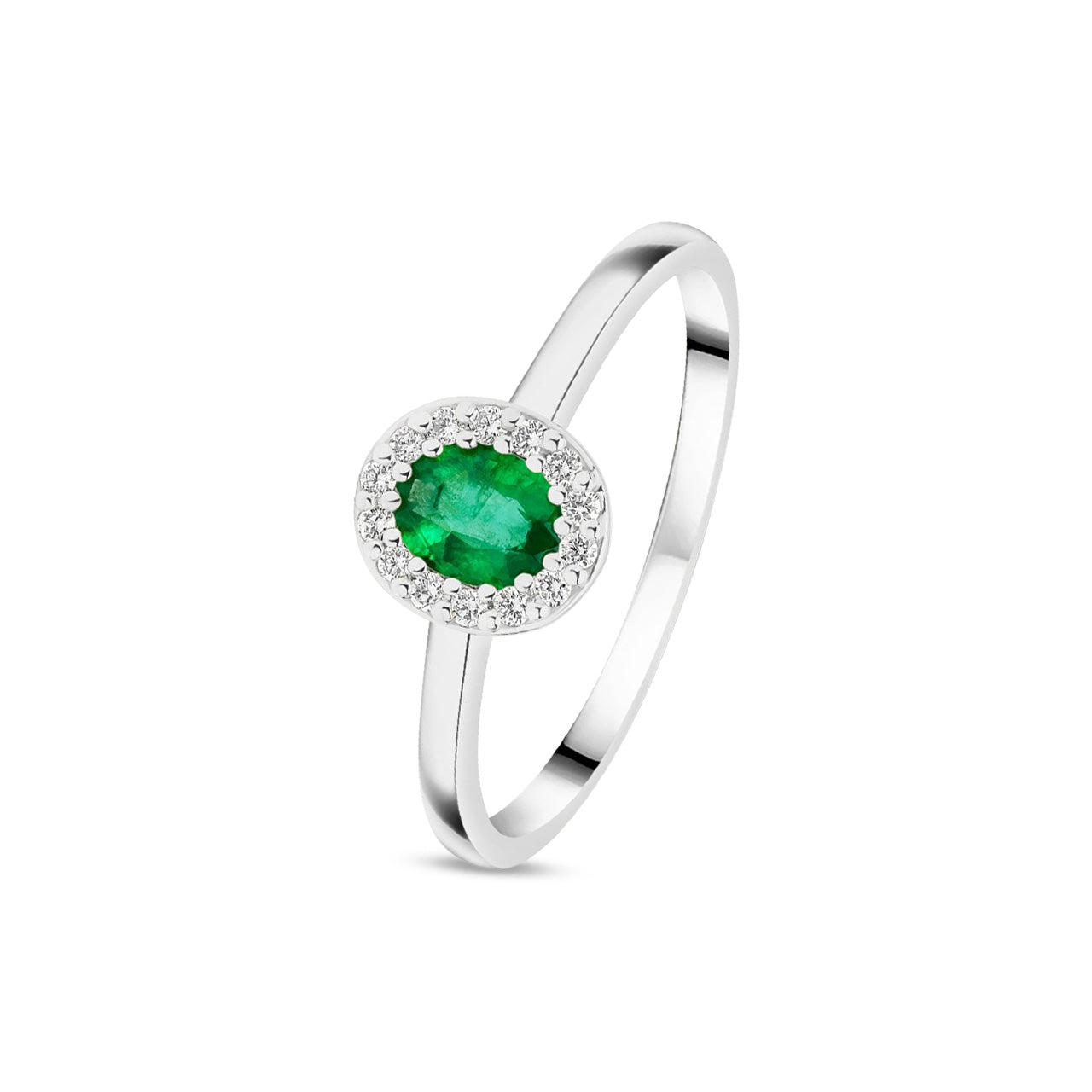 18ct White Gold Oval Natural Emerald and Diamond Halo Cluster Ring