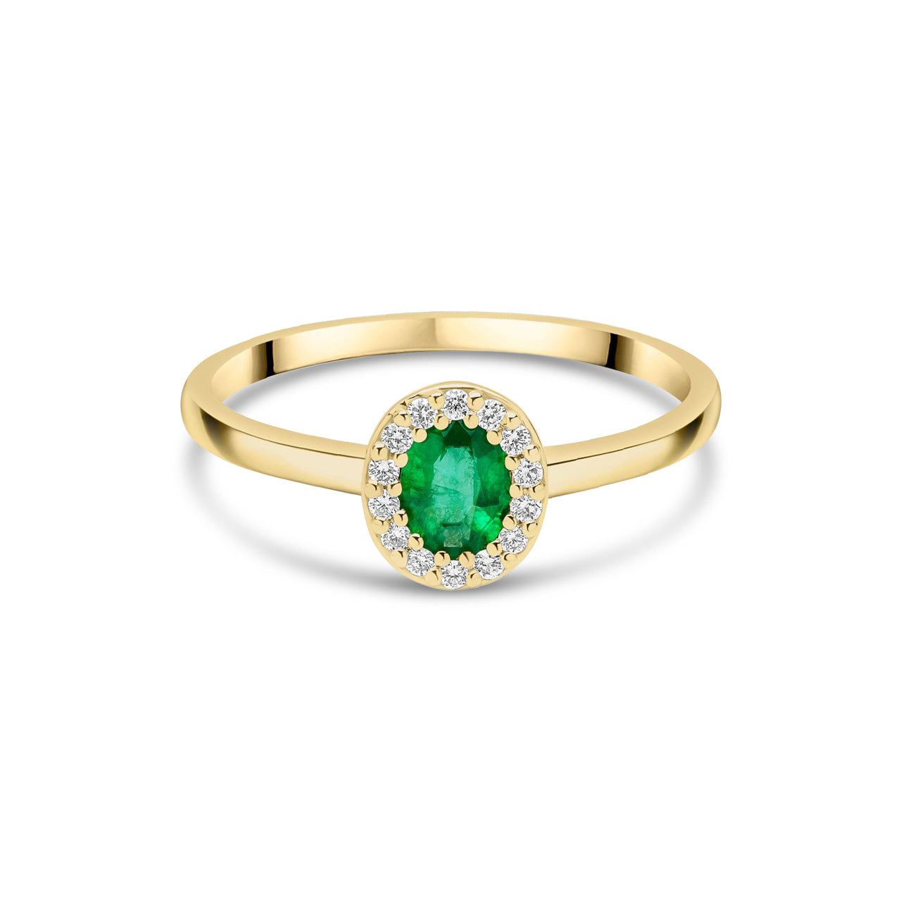 18ct Yellow Gold Oval Natural Emerald and Diamond Halo Cluster Ring