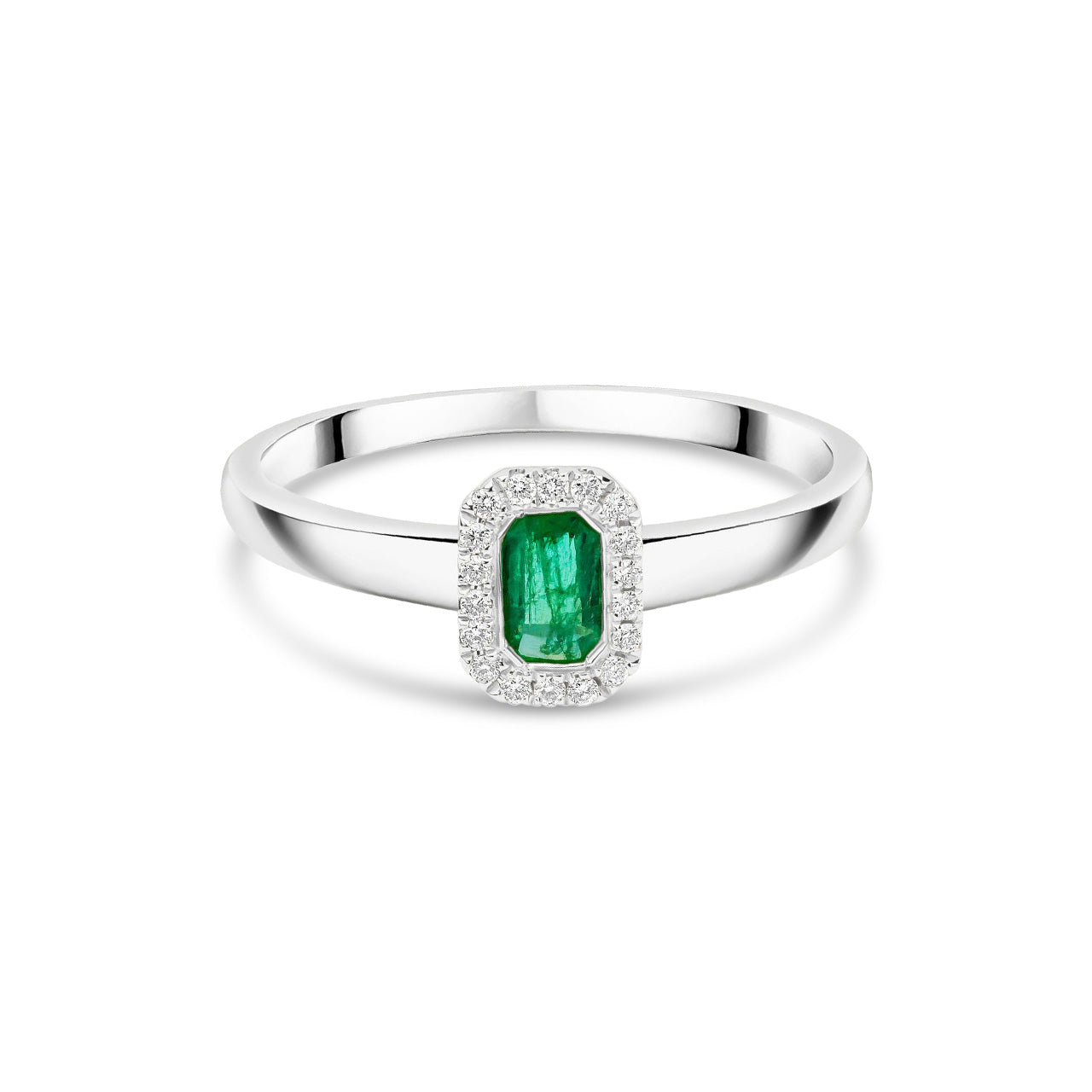 18ct White Gold Octagonal Emerald Cut Natural Emerald and Diamond Halo Cluster Ring