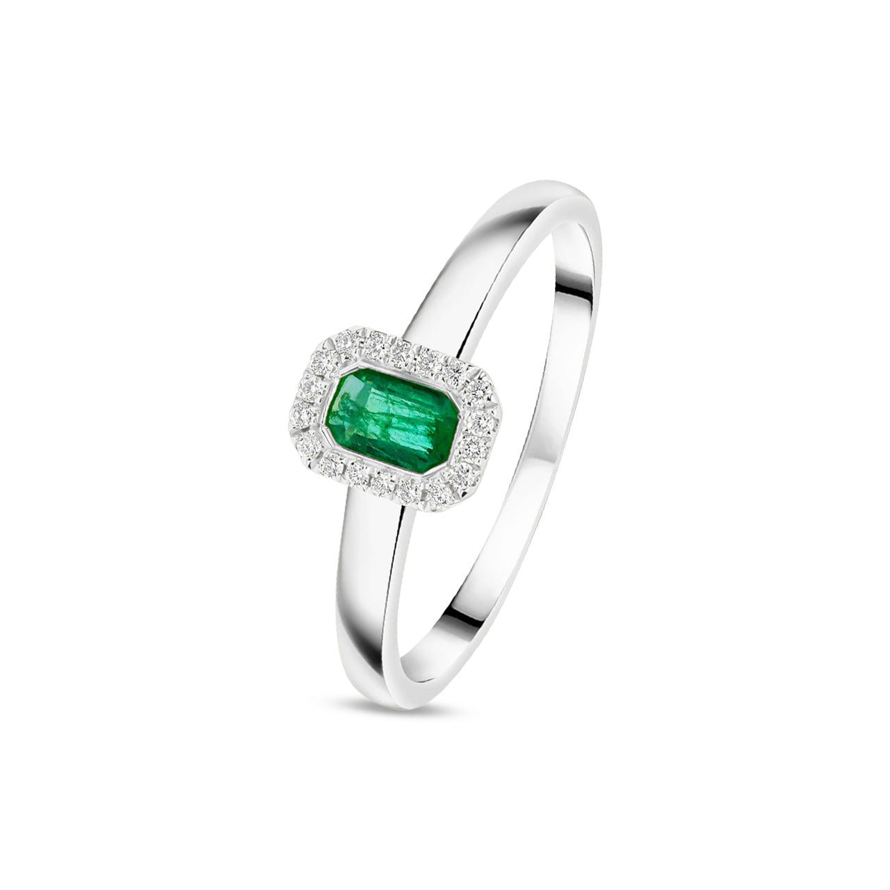 18ct White Gold Octagonal Emerald Cut Natural Emerald and Diamond Halo Cluster Ring
