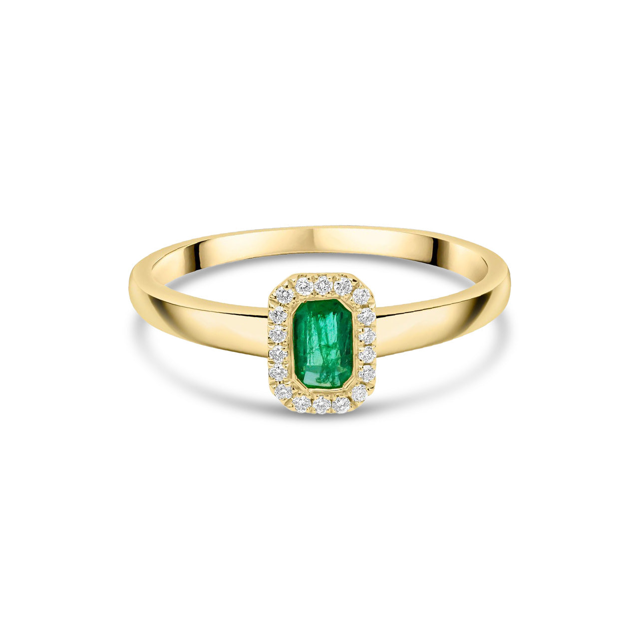 18ct Yellow Gold Octagonal Emerald Cut Natural Emerald and Diamond Halo Cluster Ring