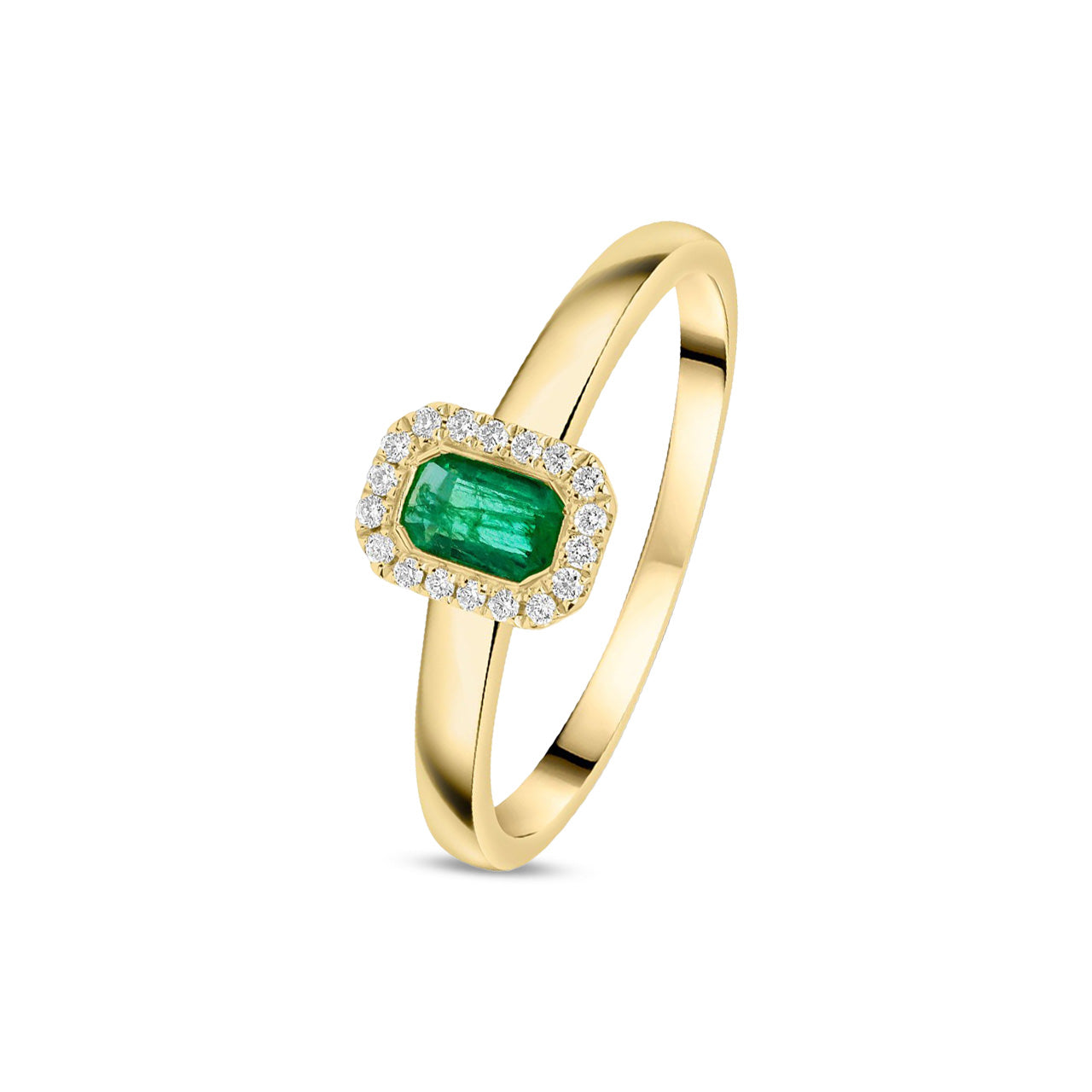 18ct Yellow Gold Octagonal Emerald Cut Natural Emerald and Diamond Halo Cluster Ring