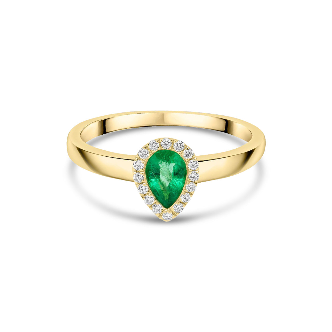 18ct Yellow Gold Pear Shaped Natural Emerald and Diamond Halo Cluster Ring