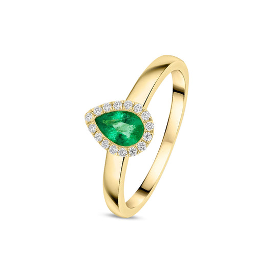 18ct Yellow Gold Pear Shaped Natural Emerald and Diamond Halo Cluster Ring