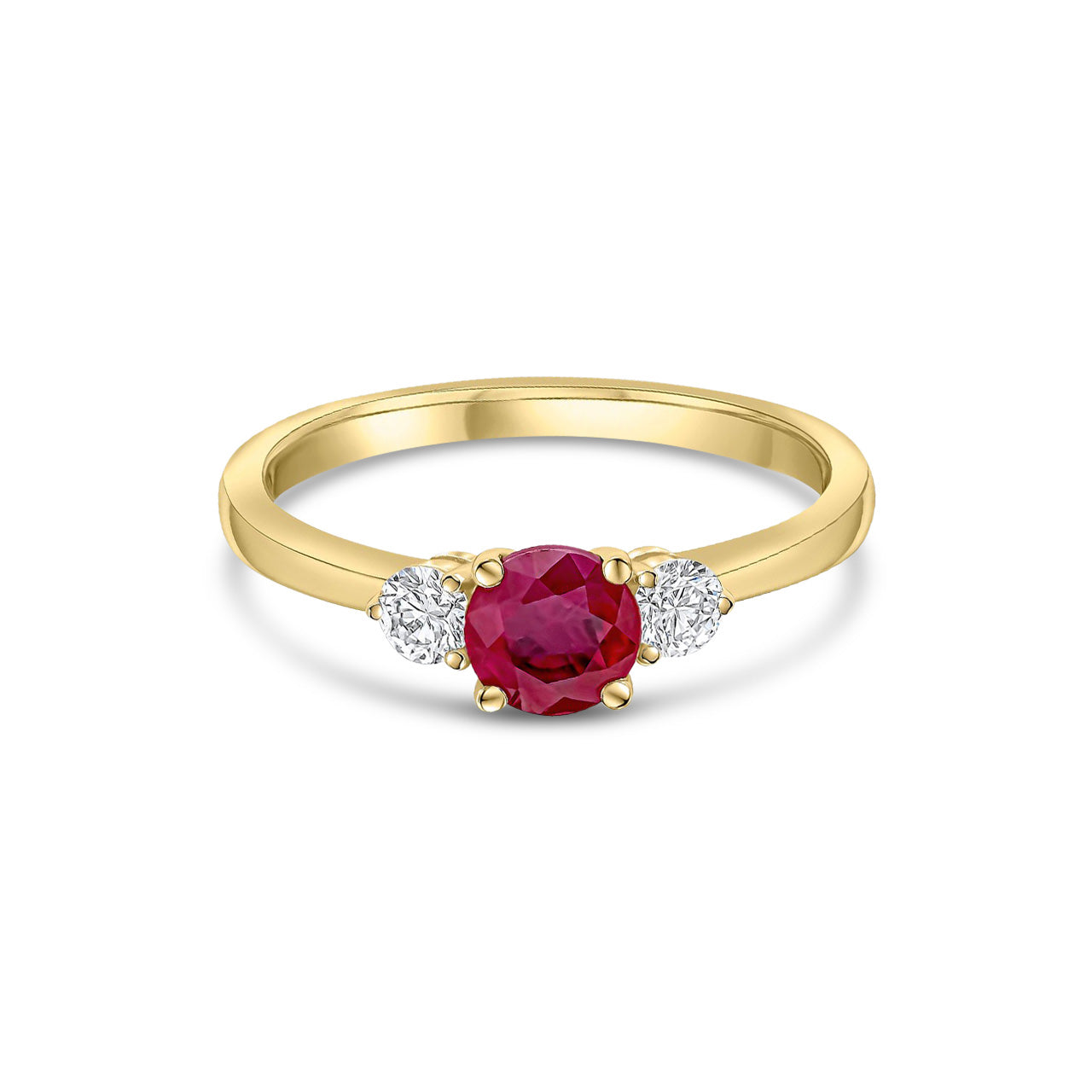 18ct Yellow Gold Round Natural Ruby and Diamond Three Stone Ring — 5mm
