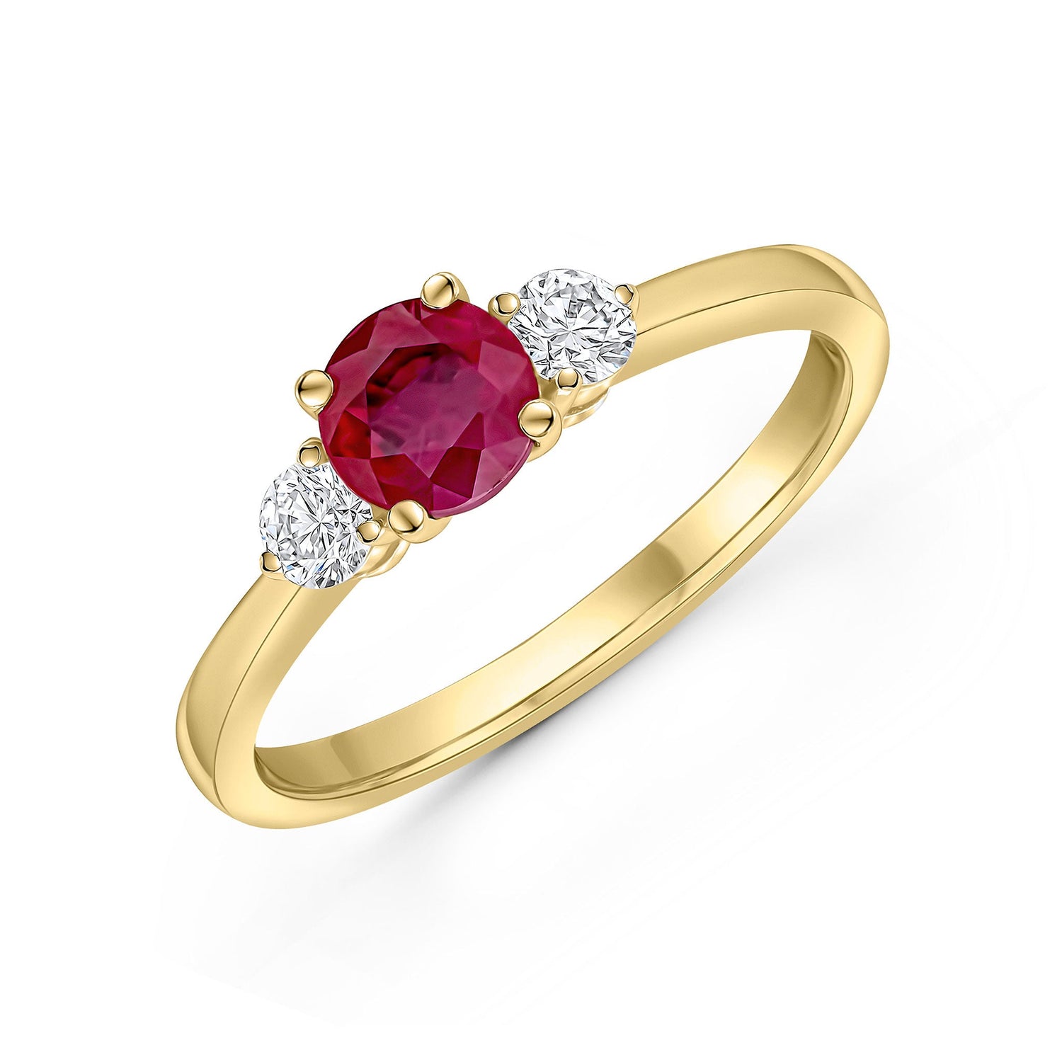 18ct Yellow Gold Round Ruby and Diamond Three Stone Ring — 5mm