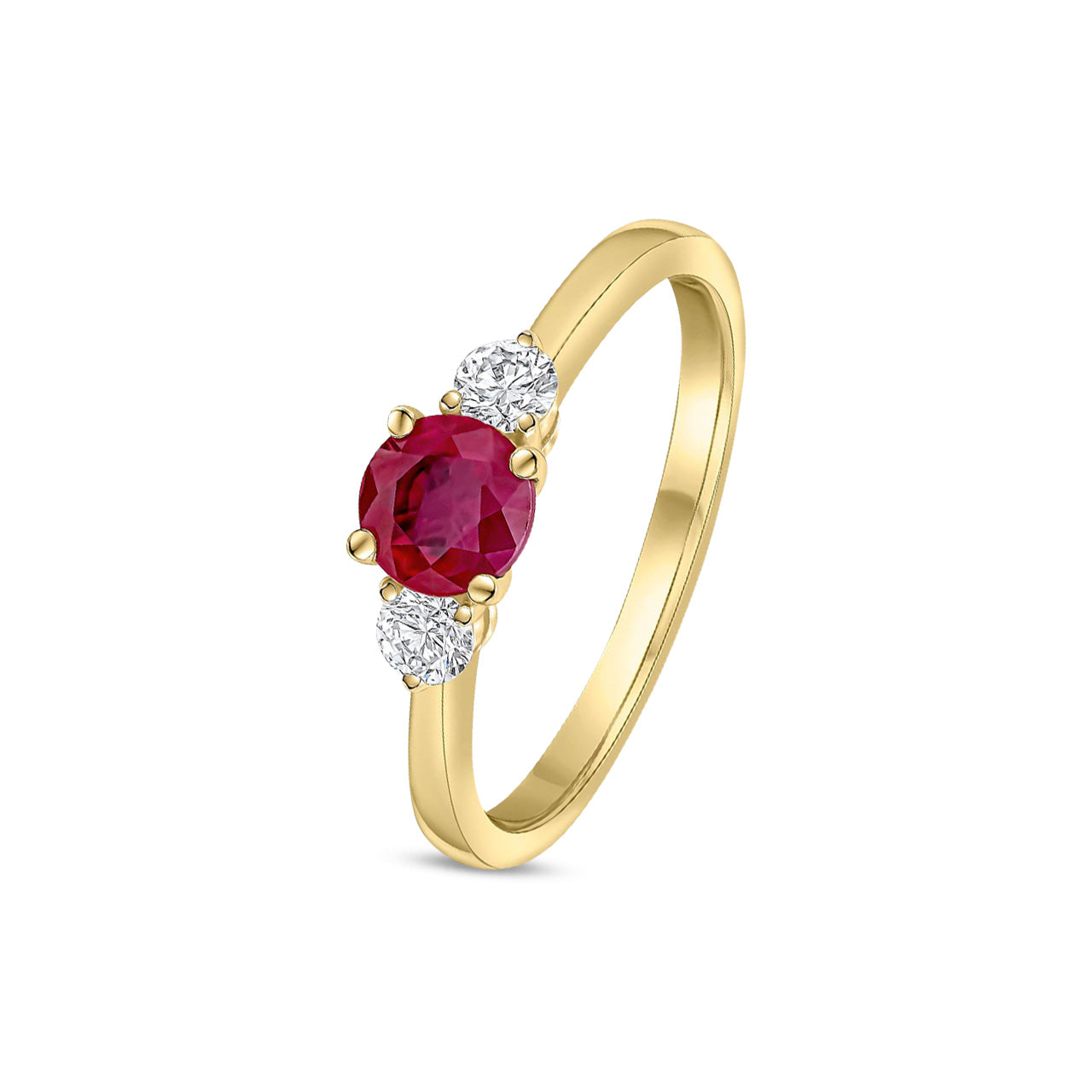 18ct Yellow Gold Round Natural Ruby and Diamond Three Stone Ring — 5mm