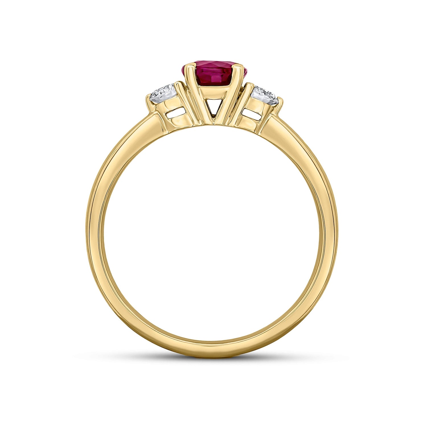 18ct Yellow Gold Round Ruby and Diamond Three Stone Ring — 5mm