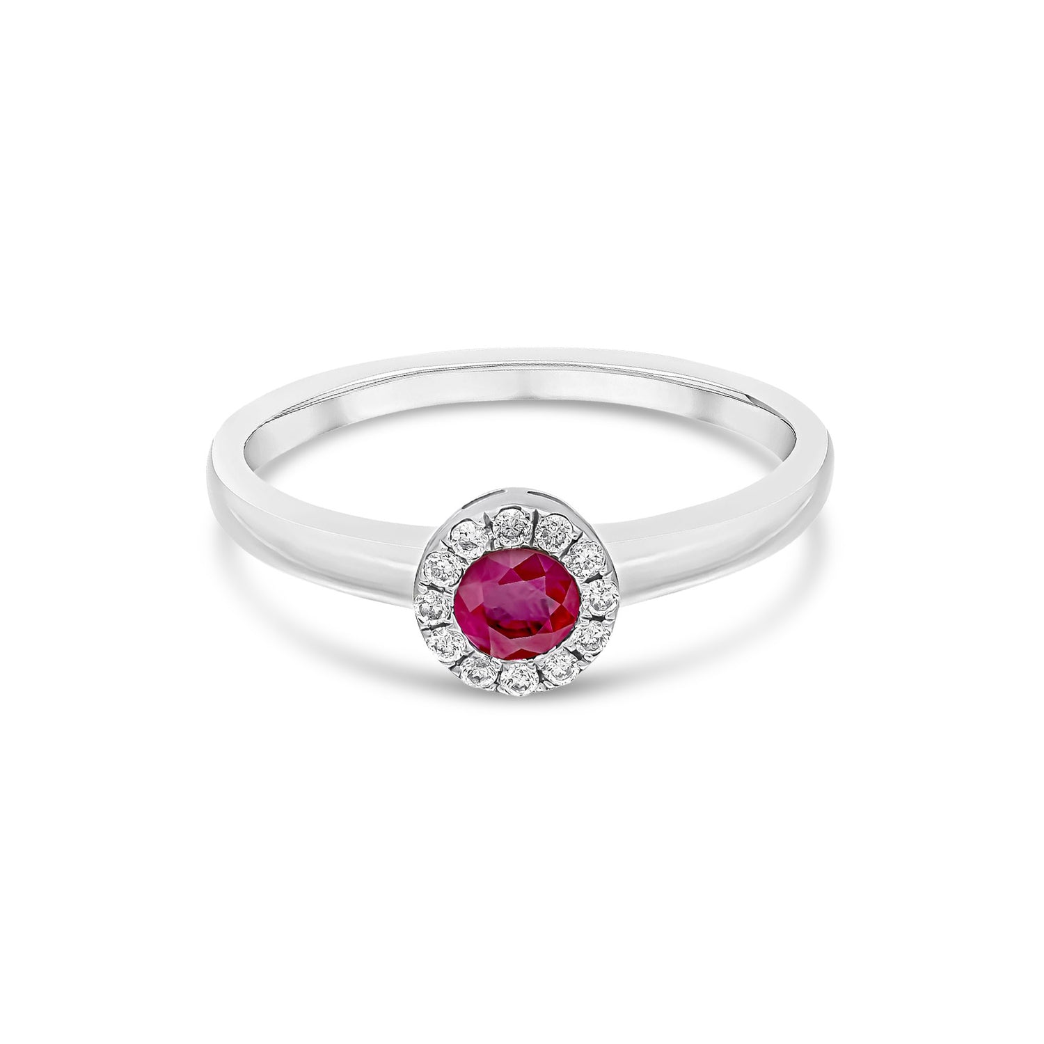 18ct White Gold Round Natural Ruby and Diamond Halo Cluster Ring
