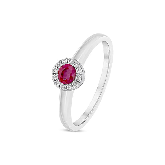 18ct White Gold Round Natural Ruby and Diamond Halo Cluster Ring