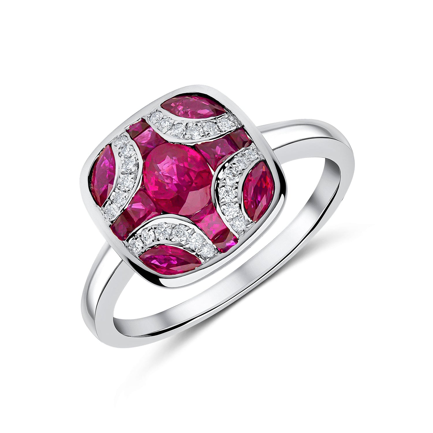 18ct White Gold Natural Ruby and Diamond Shield Ring