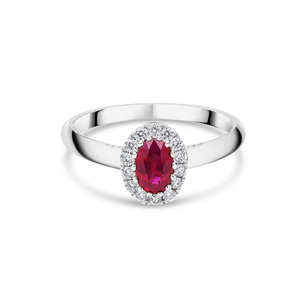 18ct White Gold Oval Natural Ruby and Round Diamond Halo Cluster Ring — 6x4mm